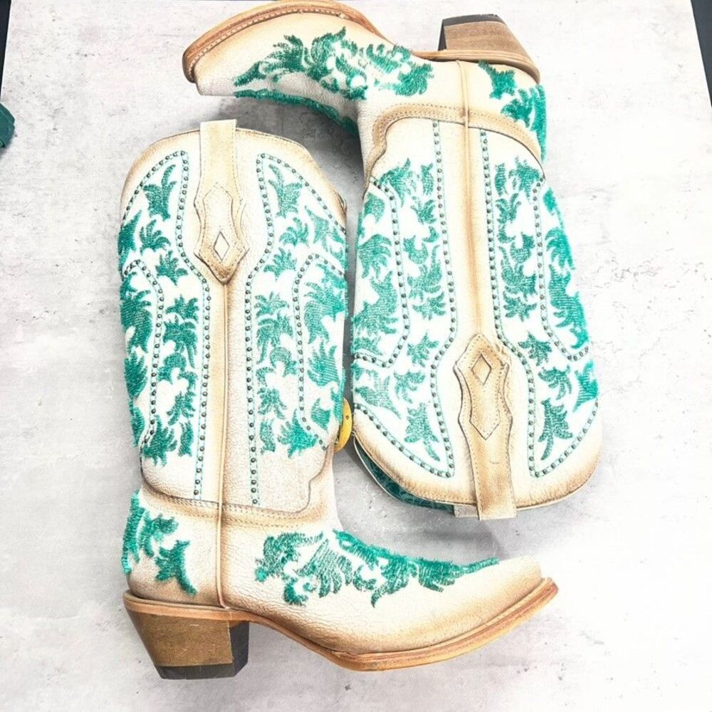 Corral Pull On Knee High White Green Crackled Bristle Western Boots Womens 8M - Picture 2 of 13